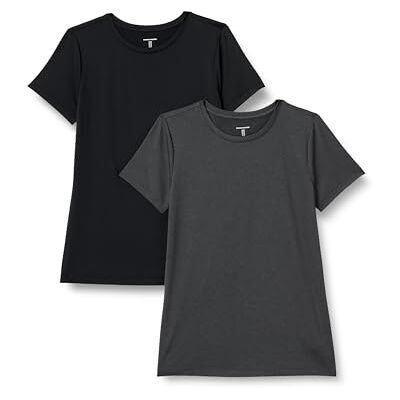 Amazon Essentials Active, Quick Dry Tech Stretch kortärmad T-shirt med rund hals (finns i plusstorlek), 2-pack, svart/ljung grafit, Large Amazon Essentials Active, Quick Dry Tech Stretch kortärmad T-shirt med rund hals (finns i plusstorlek), 2-pack, svart/ljung grafit, Large