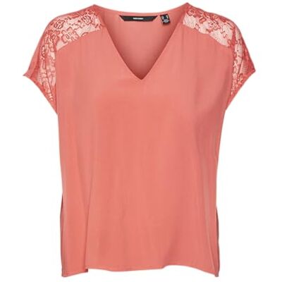 VERO MODA dam Vmrusk Lace V-hals Ss WVN Ga Top, Cayenne, M VERO MODA dam Vmrusk Lace V-hals Ss WVN Ga Top, Cayenne, M