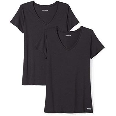 Amazon Essentials dam Tech Stretch kortärmad V-ringad T-shirt (finns i plusstorlek), paket med 2, svart, Large Amazon Essentials dam Tech Stretch kortärmad V-ringad T-shirt (finns i plusstorlek), paket med 2, svart, Large