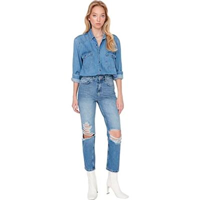 Trendyol Dam hög midja raka ben raka jeans, Blue, 68 SE Trendyol Dam hög midja raka ben raka jeans, Blue, 68 SE