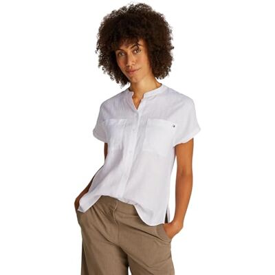 Tommy Hilfiger Ess linneblus S/S utan krage WW0WW44715 dam, Vit (Th Optic White), 32 Tommy Hilfiger Ess linneblus S/S utan krage WW0WW44715 dam, Vit (Th Optic White), 32