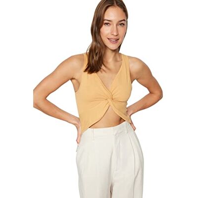 Trendyol Loungewear för kvinnor normal passform basic v-ringad stickad blus skjorta, Mink-färg, XS Trendyol Loungewear för kvinnor normal passform basic v-ringad stickad blus skjorta, Mink-färg, XS