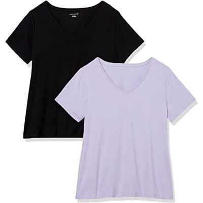 Amazon Essentials dam klassisk passform kortärmad v-ringad t-shirt, paket med 2, svart/lavendel, 6X Amazon Essentials dam klassisk passform kortärmad v-ringad t-shirt, paket med 2, svart/lavendel, 6X