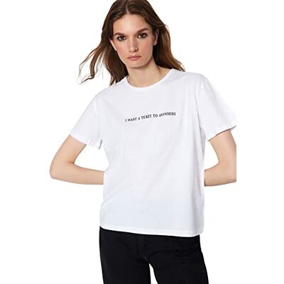 Trendyol Dam vanlig standard rundhalsad stickad T-shirt, Vitt, S Trendyol Dam vanlig standard rundhalsad stickad T-shirt, Vitt, S