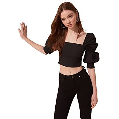 Trendyol Kvinnors svarta handtag Shirred Square krage blus blus, 34 Trendyol Kvinnors svarta handtag Shirred Square krage blus blus, 34
