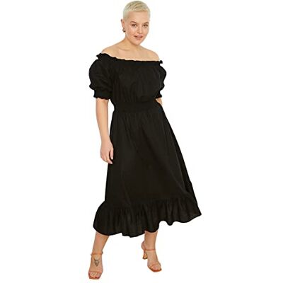 Trendyol Dam plus size midi skater avslappnad vävd plus storlek klänning, Svart, 48/Stor Trendyol Dam plus size midi skater avslappnad vävd plus storlek klänning, Svart, 48/Stor
