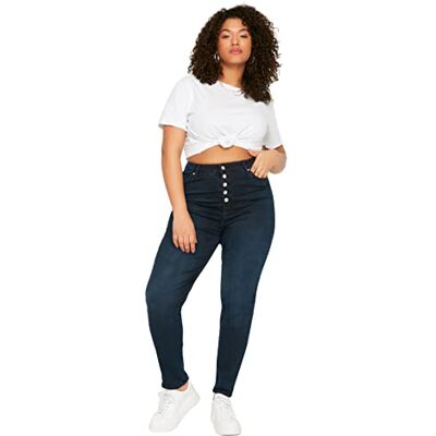 Trendyol Dam hög midja smal plus storlek jeans, mörkblå, 50, Mörkblått Trendyol Dam hög midja smal plus storlek jeans, mörkblå, 50, Mörkblått