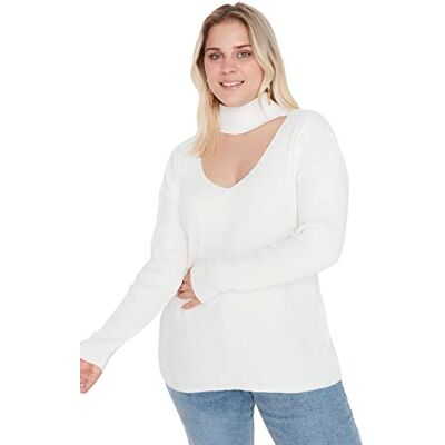 Trendyol Dam plus size vanlig basic rundhalsad stickad plusstorlek tröja, Ecru, XL stor Trendyol Dam plus size vanlig basic rundhalsad stickad plusstorlek tröja, Ecru, XL stor