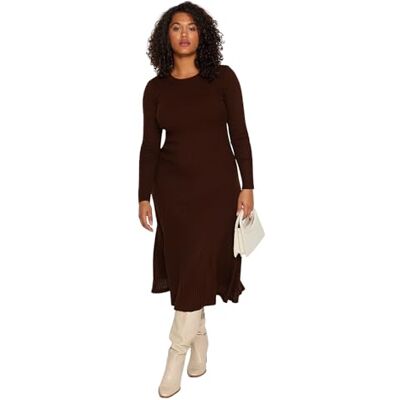 Trendyol kvinnors plus storlek klänning-brun-A-linje, Brun, 3XL Trendyol kvinnors plus storlek klänning-brun-A-linje, Brun, 3XL