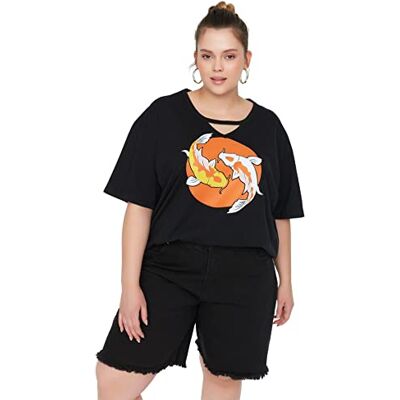 Trendyol Dam plus size normal standard v-hals stickad plusstorlek T-shirt svart, Svart, XXL Plus Trendyol Dam plus size normal standard v-hals stickad plusstorlek T-shirt svart, Svart, XXL Plus
