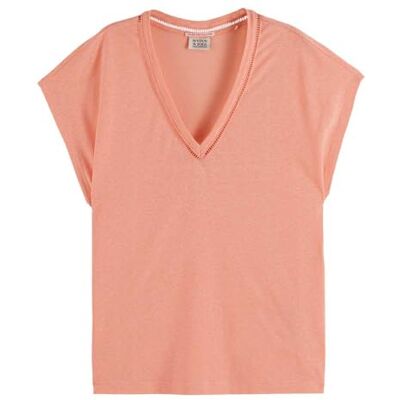 Scotch & Soda Bomull linne V-hals T-shirt, Persika rosa 636, S Scotch & Soda Bomull linne V-hals T-shirt, Persika rosa 636, S