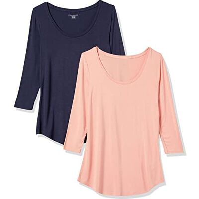 Amazon Essentials dam 3/4-ärm Scoopneck tunika, paket med 2, korallrosa/marinblå, X-Small Amazon Essentials dam 3/4-ärm Scoopneck tunika, paket med 2, korallrosa/marinblå, X-Small