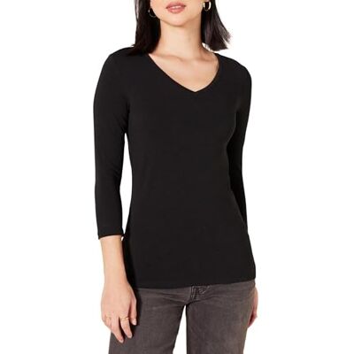 Amazon Essentials Women's V-ringad T-shirt klassisk passform med kvartsärmar (finns i plusstorlek), Svart, M Amazon Essentials Women's V-ringad T-shirt klassisk passform med kvartsärmar (finns i plusstorlek), Svart, M