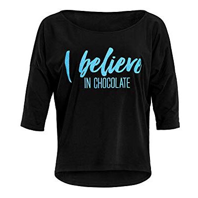 WINSHAPE Damer dam ultra lätt modal-3/4-ärm skjorta Mcs001 med neon blå "i Believe in Chocolate" glitter tryck yoga tröja Svart-neonblå-glitter XL WINSHAPE Damer dam ultra lätt modal-3/4-ärm skjorta Mcs001 med neon blå "i Believe in Chocolate" glitter tryck yoga tröja Svart-neonblå-glitter XL