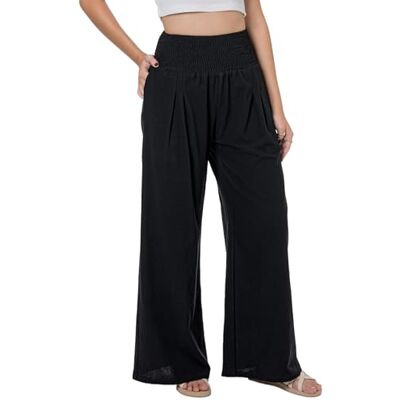 Lofbaz Dam sommar blommig bomullslinne Palazzo breda ben byxor strand hög midja byxor boho lång loungebyxa med fickor, Svart, XL Lofbaz Dam sommar blommig bomullslinne Palazzo breda ben byxor strand hög midja byxor boho lång loungebyxa med fickor, Svart, XL