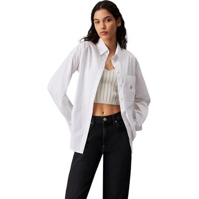 Calvin Klein kvinnors vävd etikett avslappnad skjorta S/S, Kritvit, S Calvin Klein kvinnors vävd etikett avslappnad skjorta S/S, Kritvit, S