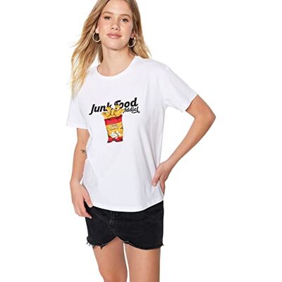 Trendyol Dam överdimensionerad bas stickad T-shirt med rund hals, vit, M, Vitt, M Trendyol Dam överdimensionerad bas stickad T-shirt med rund hals, vit, M, Vitt, M