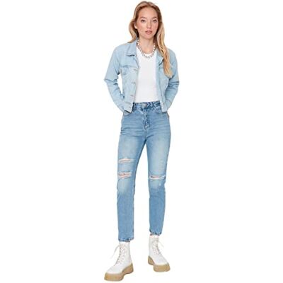 Trendyol Dam hög midja raka ben mamma jeans, Ljusblått, 66 SE Trendyol Dam hög midja raka ben mamma jeans, Ljusblått, 66 SE