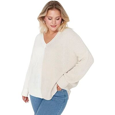 Trendyol Dam V-ringad färgblock normal plus storlek tröja sweatshirt, beige, XL, BEIgE, XL Trendyol Dam V-ringad färgblock normal plus storlek tröja sweatshirt, beige, XL, BEIgE, XL