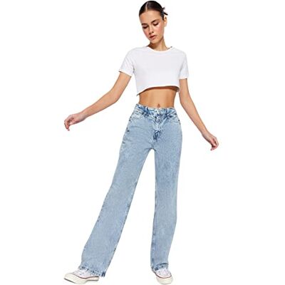 Trendyol Kvinnors blå detaljerad hög midja 90-talet vida ben jeans, 42 Trendyol Kvinnors blå detaljerad hög midja 90-talet vida ben jeans, 42