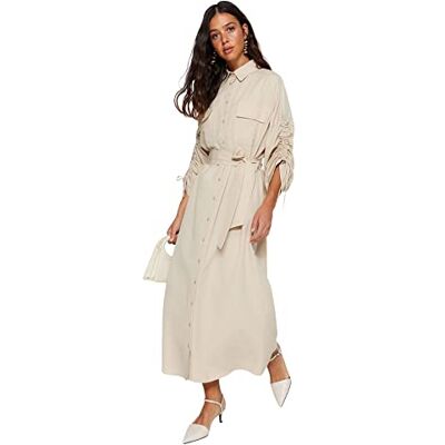 Trendyol Dam Beigefarbenes, Verstellbares, Detailliertes Hemdkleid aus Baumwollgewebe mit Gürtel vardaglig klänning, BEIgE, 40 Trendyol Dam Beigefarbenes, Verstellbares, Detailliertes Hemdkleid aus Baumwollgewebe mit Gürtel vardaglig klänning, BEIgE, 40