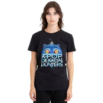 KPop Demon Hunters kvinnors Derpy Tiger sjunkande logotyp dam t-shirt, Svart, XXL KPop Demon Hunters kvinnors Derpy Tiger sjunkande logotyp dam t-shirt, Svart, XXL