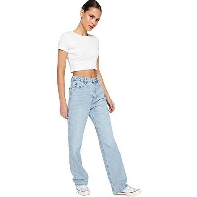Trendyol Kvinna hög midja raka ben breda ben av 90-talet jeans, blå, 40 Trendyol Kvinna hög midja raka ben breda ben av 90-talet jeans, blå, 40