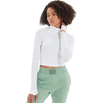 Trendyol Kvinnors vit turtleneck finger detailed Flyillate stickad blus, L Trendyol Kvinnors vit turtleneck finger detailed Flyillate stickad blus, L