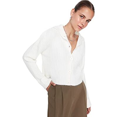 Trendyol Dam normal standard nedfällbar krage stickad cardigan, Ecru, L Trendyol Dam normal standard nedfällbar krage stickad cardigan, Ecru, L