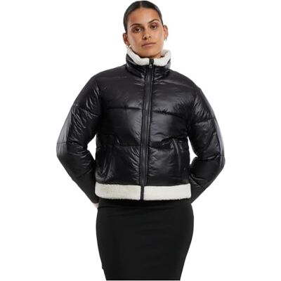Urban Classics Ladies återvunnen glänsande puffer sherpajacka, svart/vitsand, L Urban Classics Ladies återvunnen glänsande puffer sherpajacka, svart/vitsand, L
