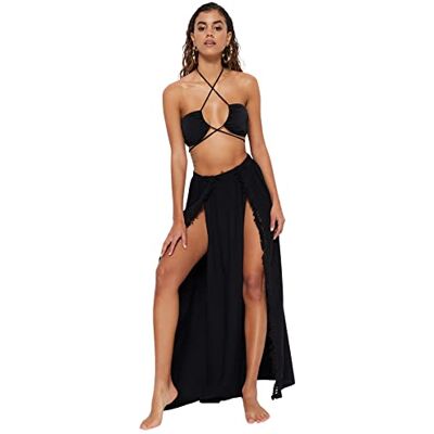 Trendyol Dam strandkläder Maxi Wrapover vävd kjol, svart, 34, Svart, 60 SE Trendyol Dam strandkläder Maxi Wrapover vävd kjol, svart, 34, Svart, 60 SE