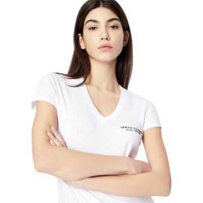 Giorgio Armani Dam, Milano/New York logotyp, slim fit, V-ringad t-shirt, Optisk vit, L Giorgio Armani Dam, Milano/New York logotyp, slim fit, V-ringad t-shirt, Optisk vit, L