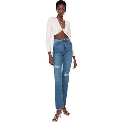 Trendyol Dam detaljerad hög midja flare blå jeans, blå, 40 Trendyol Dam detaljerad hög midja flare blå jeans, blå, 40