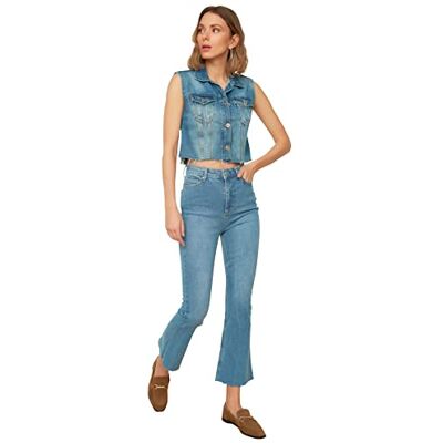 Trendyol Blue Road Disconnected High Waist Crop Flare Jeans dam, Färg: blå, 38 Trendyol Blue Road Disconnected High Waist Crop Flare Jeans dam, Färg: blå, 38