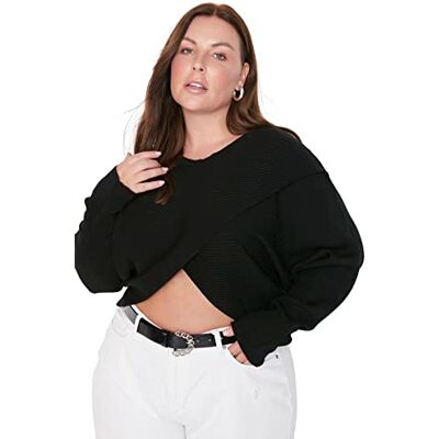 Trendyol Damtröja med V-ringad, enkel normal plus size, tröja, Svart, 3XL Trendyol Damtröja med V-ringad, enkel normal plus size, tröja, Svart, 3XL