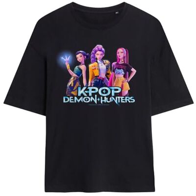 KPop Demon Hunters kvinnors Huntrix Kpop grupp damer överdimensionerad t-shirt, Svart, L KPop Demon Hunters kvinnors Huntrix Kpop grupp damer överdimensionerad t-shirt, Svart, L