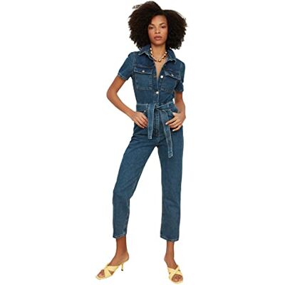 Trendyol Blå Arched Denim Overalls hängselbyxor för damer, Blå, 32 Trendyol Blå Arched Denim Overalls hängselbyxor för damer, Blå, 32