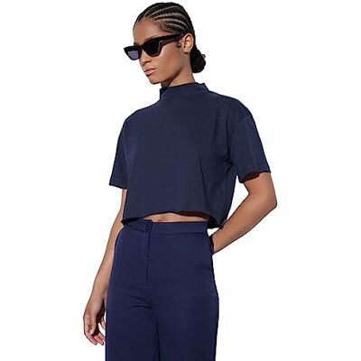 Trendyol dam basic avslappnad enkel rund hals vävd t-shirt, marinblå, M Trendyol dam basic avslappnad enkel rund hals vävd t-shirt, marinblå, M