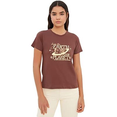 Trendyol Dam vanlig basic rundhalsad stickad T-shirt, Brun, M Trendyol Dam vanlig basic rundhalsad stickad T-shirt, Brun, M