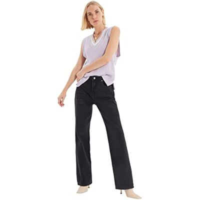 Trendyol Kvinnors svarta torn detaljerad hög midja vida ben jeans, 32 Trendyol Kvinnors svarta torn detaljerad hög midja vida ben jeans, 32