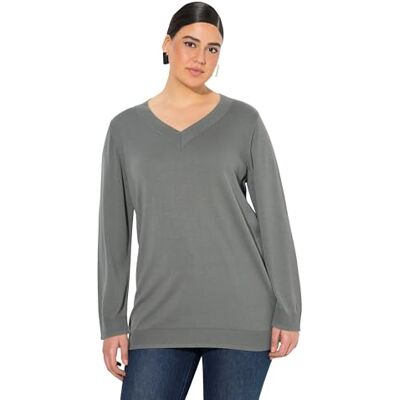 Ulla Popken damer stora storlekar överdimensionerade plus size tröja, V-hals, långärmad, mjuk finstickad, Grågrön, 42/44 SE Ulla Popken damer stora storlekar överdimensionerade plus size tröja, V-hals, långärmad, mjuk finstickad, Grågrön, 42/44 SE