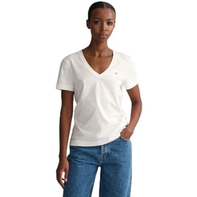 GANT Reg Shield Ss V-hals T-shirt för kvinnor, Vit, S GANT Reg Shield Ss V-hals T-shirt för kvinnor, Vit, S