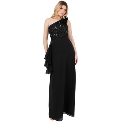 Maya Deluxe Dam maxi klänning dam one shoulder necklline ärmlös paljett förskönad rosett A-linje kväll bal gown dam, svart, 44 Maya Deluxe Dam maxi klänning dam one shoulder necklline ärmlös paljett förskönad rosett A-linje kväll bal gown dam, svart, 44