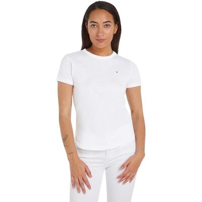Tommy Hilfiger kvinnor 1985 Slim Slub C-Nk Ss S/S stickade toppar, vit, S, Th optik vit, S Tommy Hilfiger kvinnor 1985 Slim Slub C-Nk Ss S/S stickade toppar, vit, S, Th optik vit, S