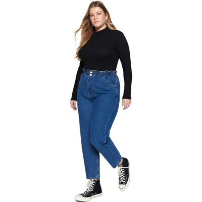 Trendyol Kvinnor plusstorlek hög midja raka ben plusstorlek jeans, blå, 42, BLÅ, 68/More Trendyol Kvinnor plusstorlek hög midja raka ben plusstorlek jeans, blå, 42, BLÅ, 68/More