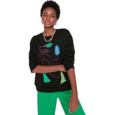 Trendyol Rund hals för kvinnor med slogan figurnära sweatshirt, svart, M Trendyol Rund hals för kvinnor med slogan figurnära sweatshirt, svart, M