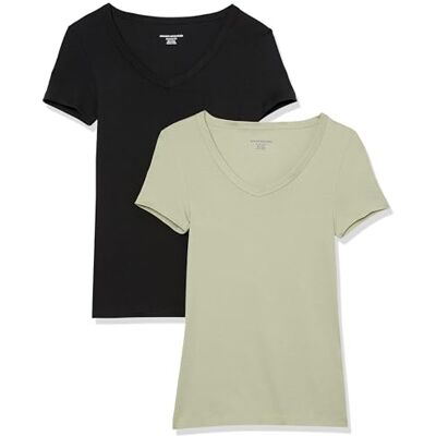 Amazon Essentials Women's Kortärmad V-ringad T-shirt smal passform, Pack of 2, Salviagrön/Svart, M Amazon Essentials Women's Kortärmad V-ringad T-shirt smal passform, Pack of 2, Salviagrön/Svart, M