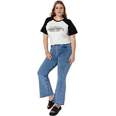 Trendyol Dam normal passform basic rund hals stickad plus size t-shirt, Ecru, XXL Plus Trendyol Dam normal passform basic rund hals stickad plus size t-shirt, Ecru, XXL Plus