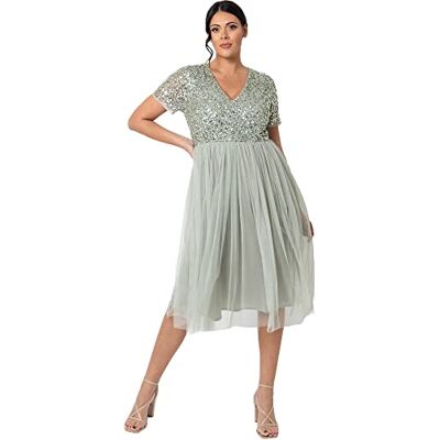 Maya Deluxe Utsmyckad midi-aftonklänning för damer, v-ringning med kort ärm för bal, bröllop, brudtärna, Green Lily, 32 SE Maya Deluxe Utsmyckad midi-aftonklänning för damer, v-ringning med kort ärm för bal, bröllop, brudtärna, Green Lily, 32 SE
