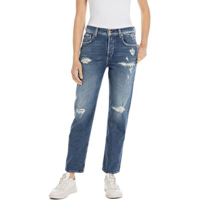 Replay Dam rak passform hög midja jeans Maijke Straight Broken Edge-kollektion, 009 medium blå, 25W / 28L Replay Dam rak passform hög midja jeans Maijke Straight Broken Edge-kollektion, 009 medium blå, 25W / 28L